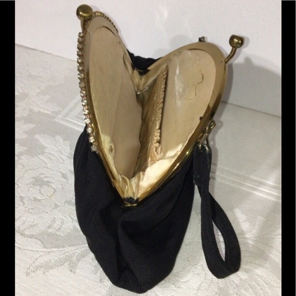 1960’s Rhinestones Kiss Lock Chiffon & Grosgrain Black Evening Bag - Picture 2 of 8